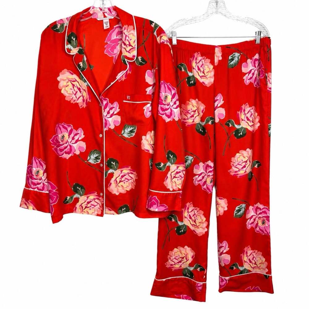 Victoria’s Secret Pajama Set XL Red Floral Satin Button Up Long Sleeve Pants VS